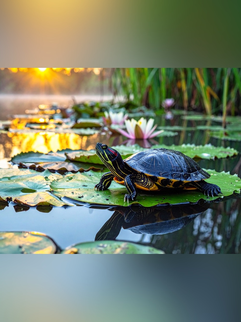 Sunrise Water Turtle Photography Print - Green & Black Nature Art